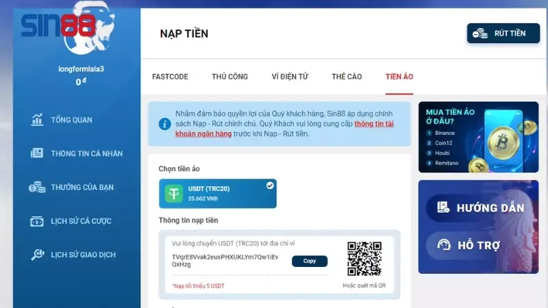 Nạp tiền qua tiền ảo, usdt