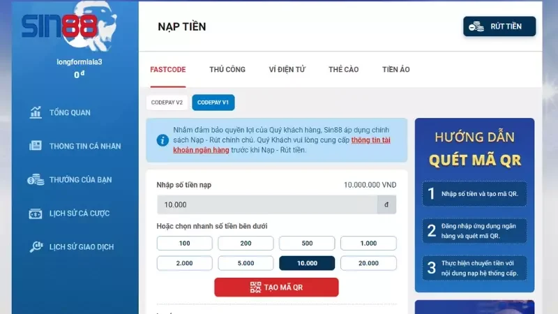 Nạp tiền Sin88 qua fastcode