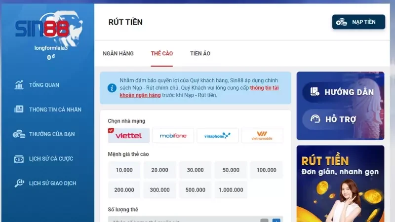 Rút Tiền Sin88 qua thẻ cào